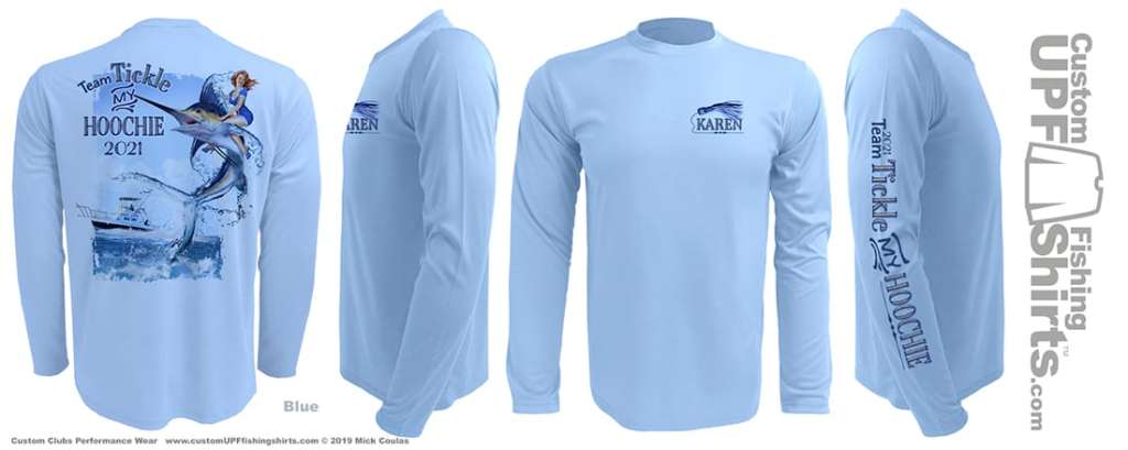 Here is an example of a personalized shirt with the team member's name left chest with a skirted lure that appears on all shirts.