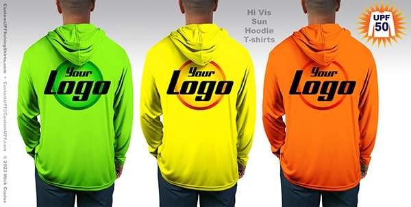 High Visability tournament shirts examples in green, yellow and orange, shown from the back.