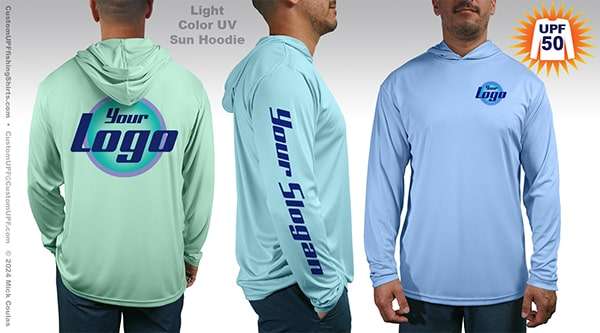 Light colored UV hooded tees come in 10 pastel colors, shown here is teal, light blue, and blue