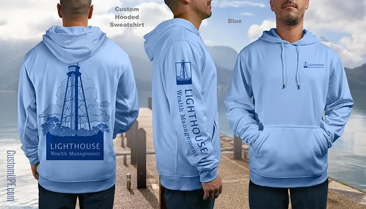 Lighthouse Wealth's Custom Hooded Sweatshirts in blue showing 3 views.