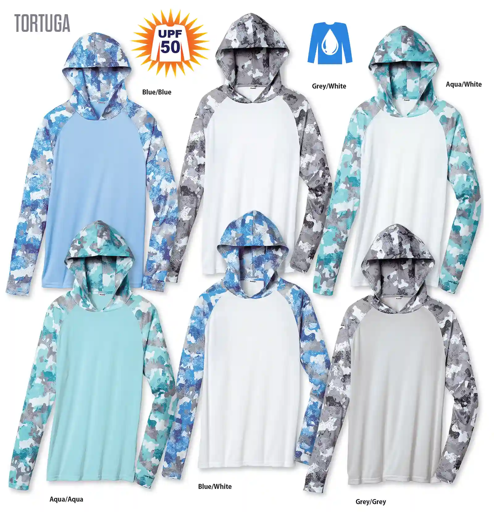 Tortuga-camo-hood-sleeve-upf-50 Six colors of the Tortuga style Hooded UV shirt with Camo design on the hood and long sleeves.