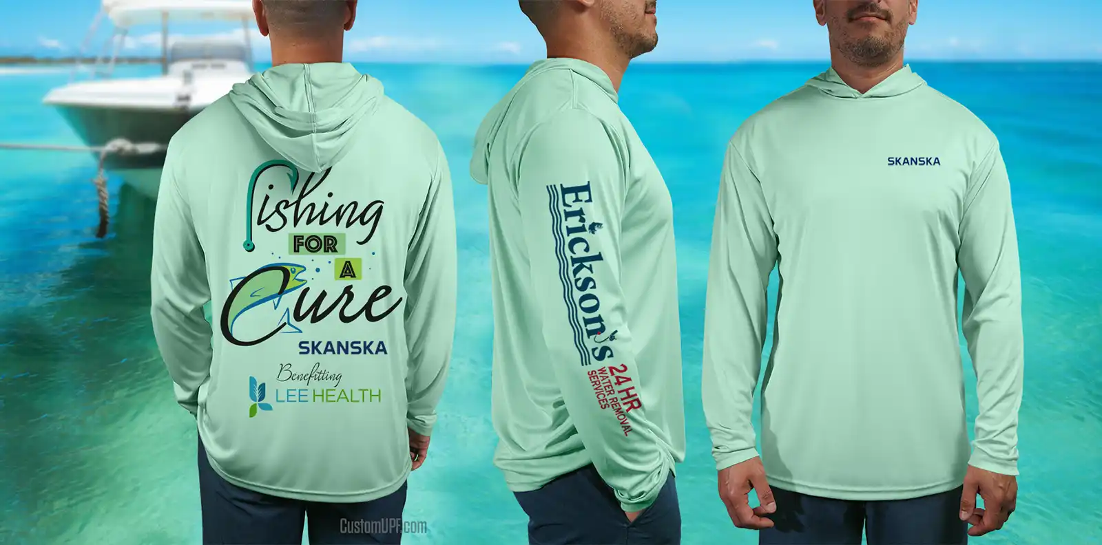 Fishing for a Cure tournament hooded sun shirts in teal back, side and front view in front of water and boat.