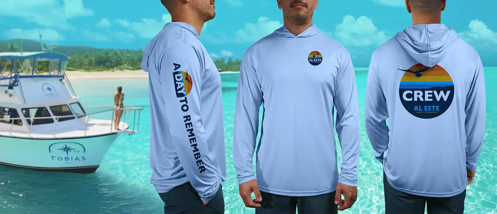 Al Este Tours & Experiences asked us to create this staff UV custom long sleeve shirt with hood for their boat tour of Puerto Rico.