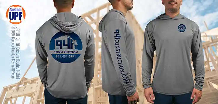 3 Views of a custom hooded t for 941 construction in heather grey to hide the dirt.