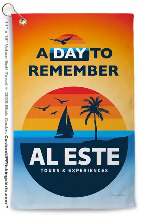 Custom-golf-towels-al-este-full-ink-bleed These Custom Golf towels have the design printing off all edges of the towel.