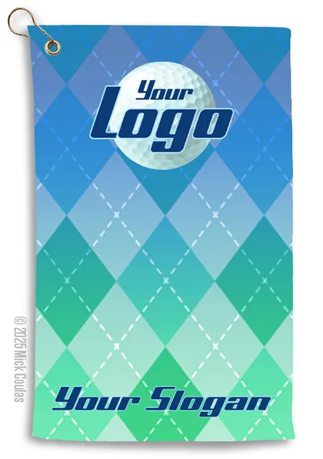 Custom-golf-towels-example-argyle-02 An overall print that prints past the edges of the towel can be photographic or graphically styled.