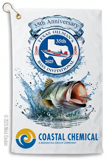 Customized-fishing-towel-TOBI-2025 This custom fishing towel incorporated an a free bass image from our gallery.
