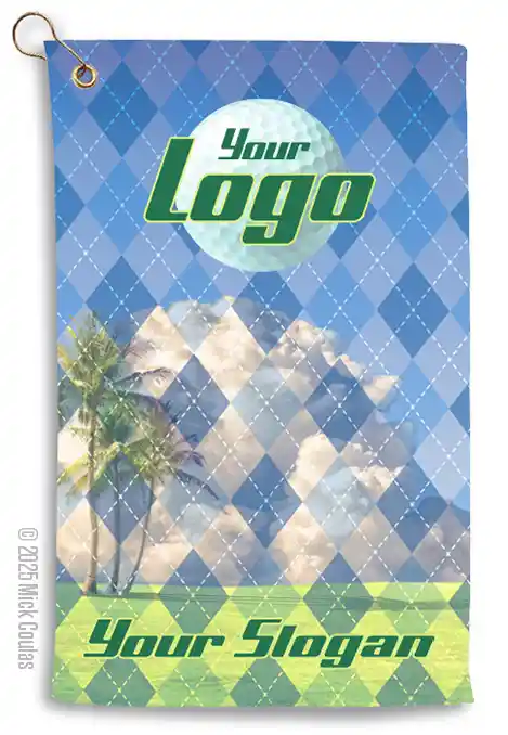 Customized-golf-towels-example-argyle-01 This custom design on a golf towel combines the traditional argyle pattern with a southern golf course scene.