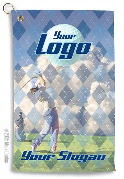 Golf-towels-custom-example-argyle-03 This towel design has an argyle pattern overlaying a stylized scene of golfer follow through pose on a golf course.