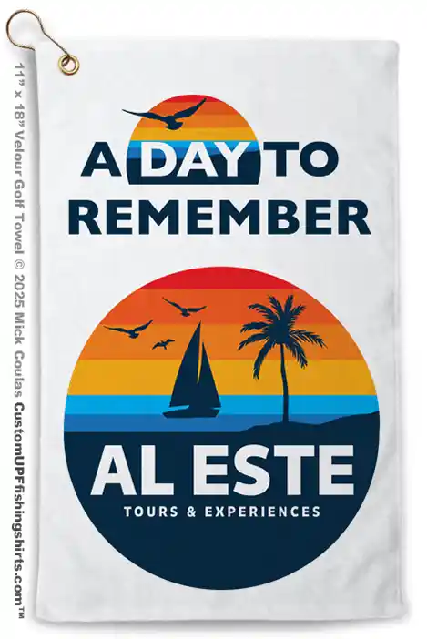 golf-towels-custom-al-este-no-ink-bleed This sample of a Custom Golf Towel that is dye sublimated with full color ink that does not print over the edges of the towel.