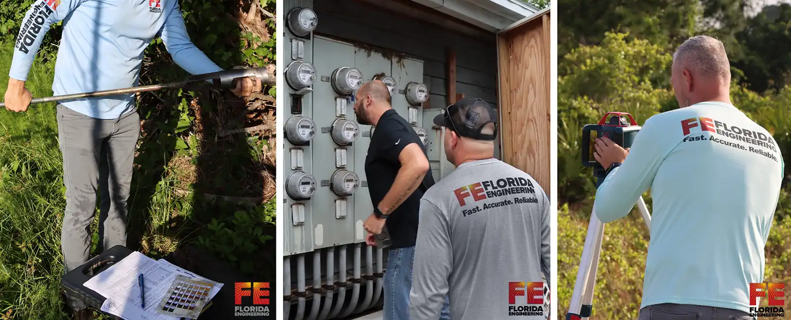 Employees of Florida Engineering inspecting, testing, surveying wearing long sleeve work shirts with company logo
