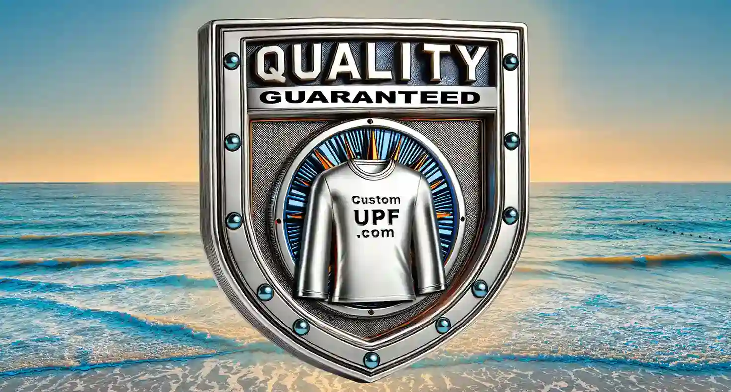 Quality badge floating in front of a sunset representing quality guaranteed custom fishing shirts