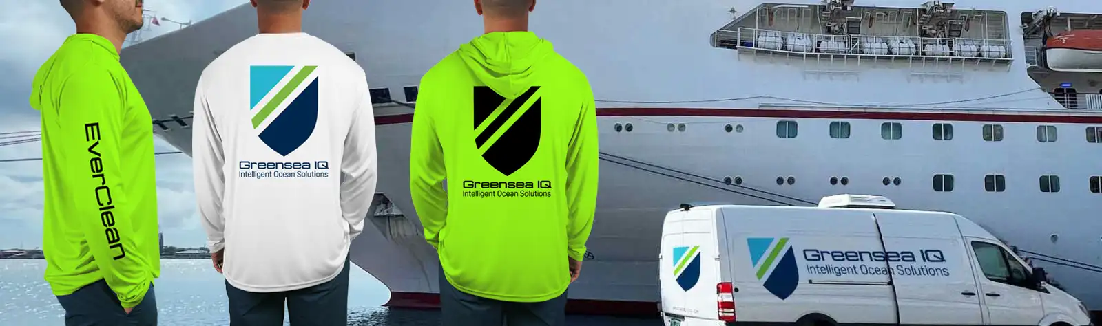 Greensea IQ custom work shirts in white and high visibility green pictured in front of a large ship and Greensea work van. 