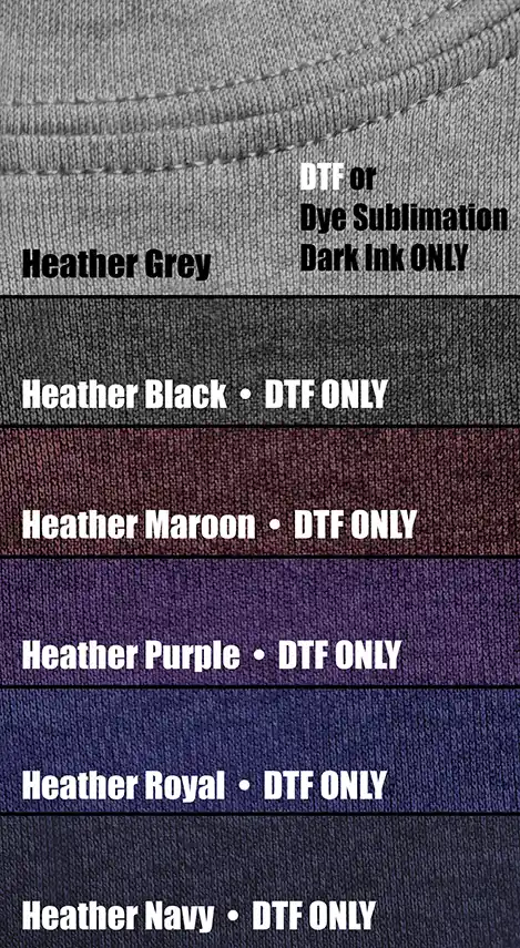 Color swatches of all 6 Heather colors in custom work shirts with UV