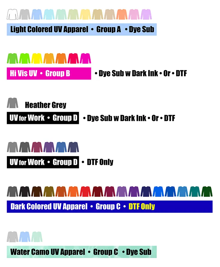 Color groups of Custom UPF apparel