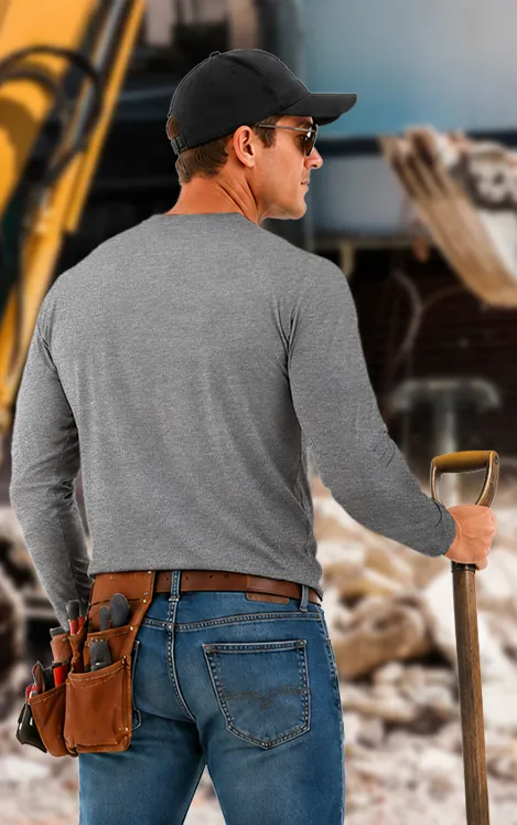 Mens UV long Sleeve crew neck work shirt shown in Heather Grey