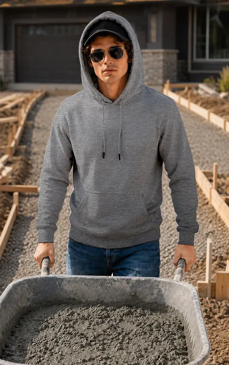  Mens Premium hooded sweatshirt shown in heather-grey