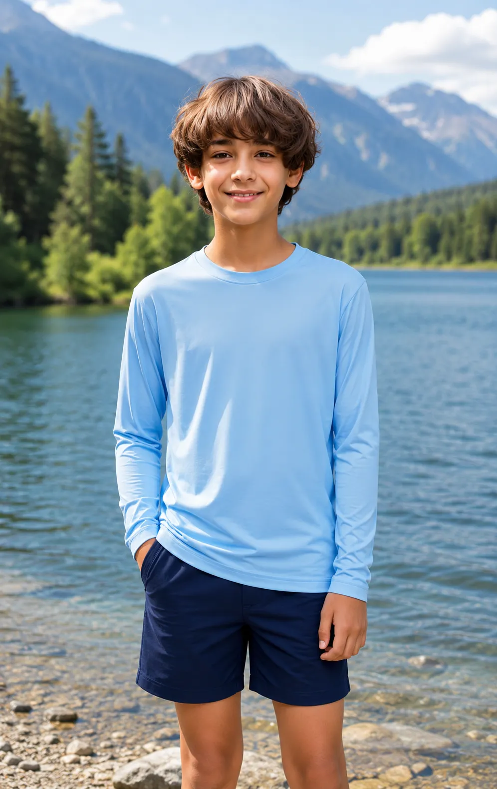 Youth UV long sleeve crew neck shown in blue