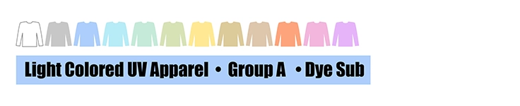 Click to see a color chart for styles in the Light colored UV apparel group.